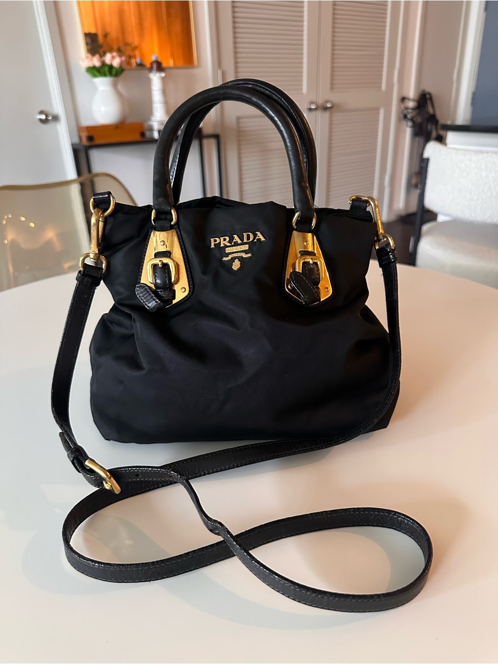 Prada Black Nylon Satchel with Gold Hardware
